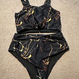 Black and Gold Marble Print Bikini Set